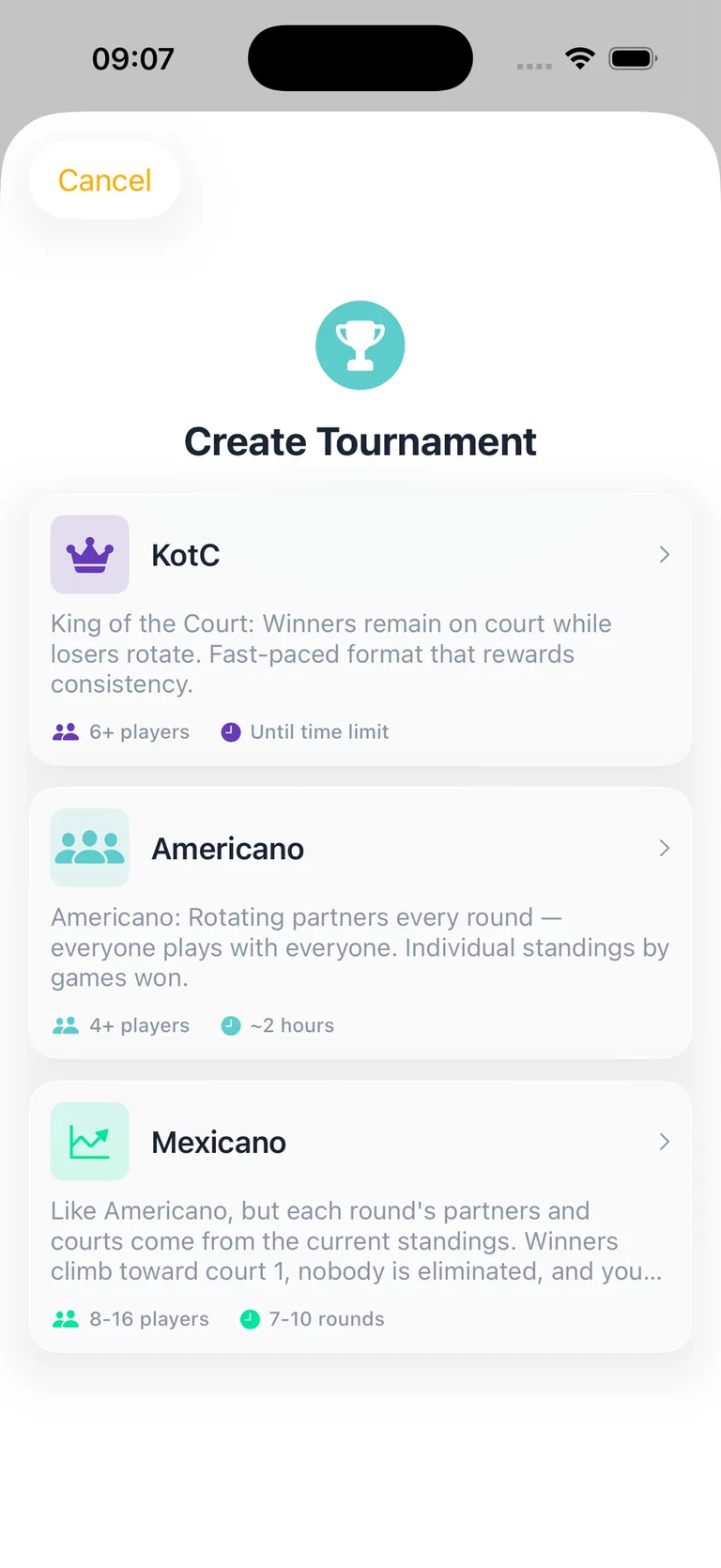 Pelota’s Create Tournament screen, offering King of the Court, Americano and Mexicano as session formats.