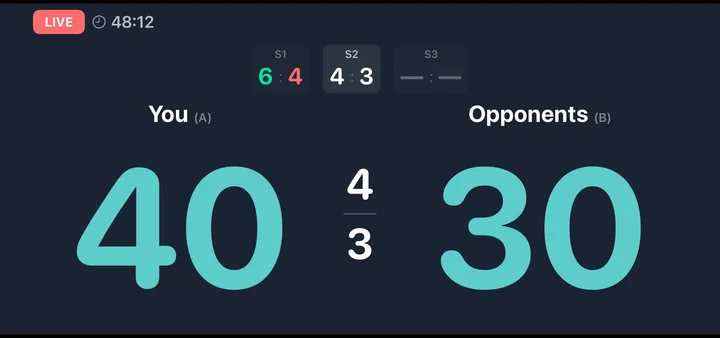 The Live Score View on iPhone, turned sideways into a stadium scoreboard: You 40, Opponents 30, with sets won 6-4 and 4-3 and a running match clock.