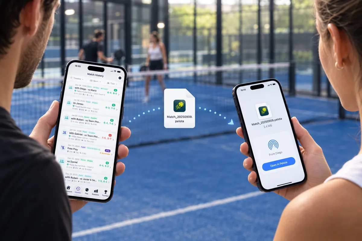 Two phones passing a .pelota match file between them over AirDrop.